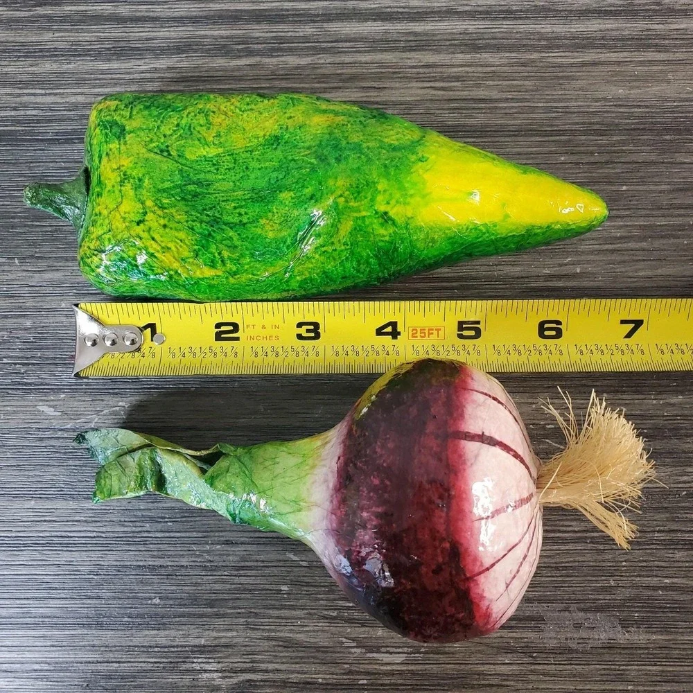Vtg Vegetables (6) Artificial Paper Mache - Pepper Garlic Mushroom Turnip Radish